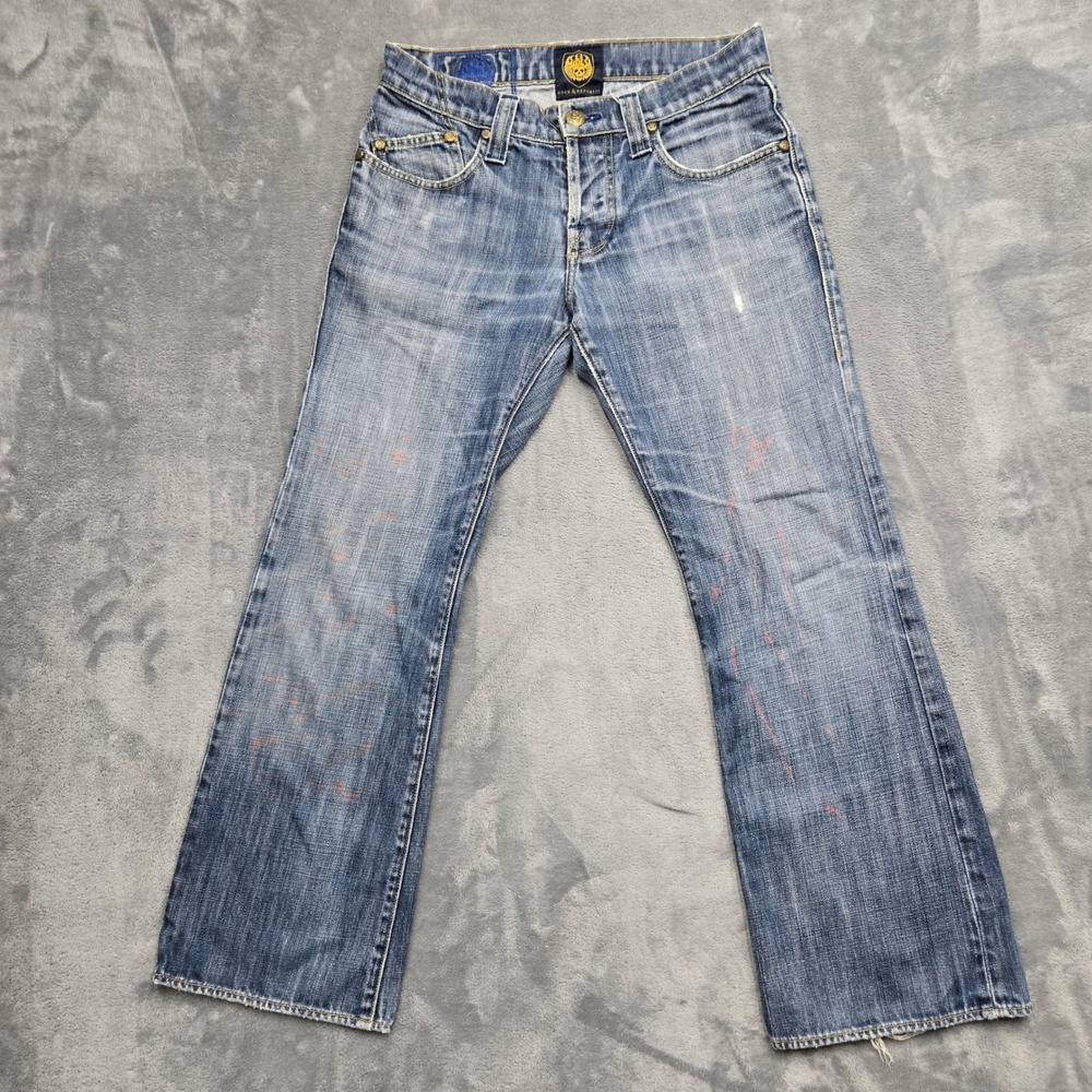 Rock & Republic Mens Size 30 Blue Distressed Bootcut Jeans Skull Logo Denim